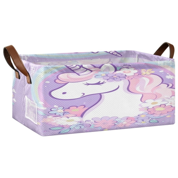Wobogo Cute Unicorn Purple Pattern Storage Basket Soccer Plaid Fabric Oversized Collapsible Hoard Box with Metal Iron Frame 16.9×11.4×7.7in