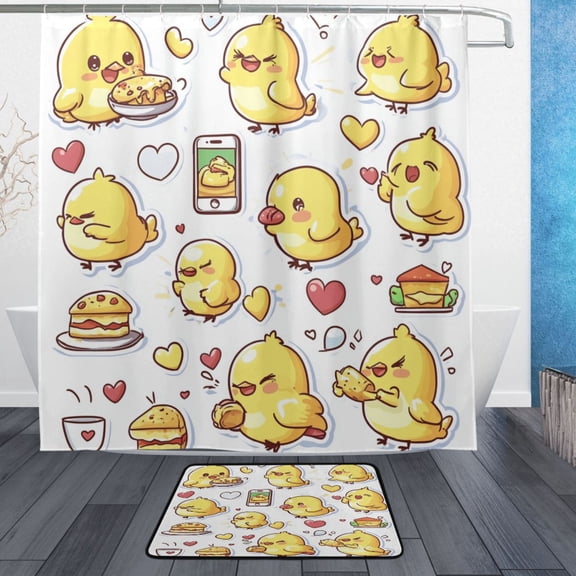 Wobogo Cute Yellow Chick Pattern Bathroom Shower Curtain Set with Floor Mat and Hooks Ultra Waterproof Visible Slider Beads