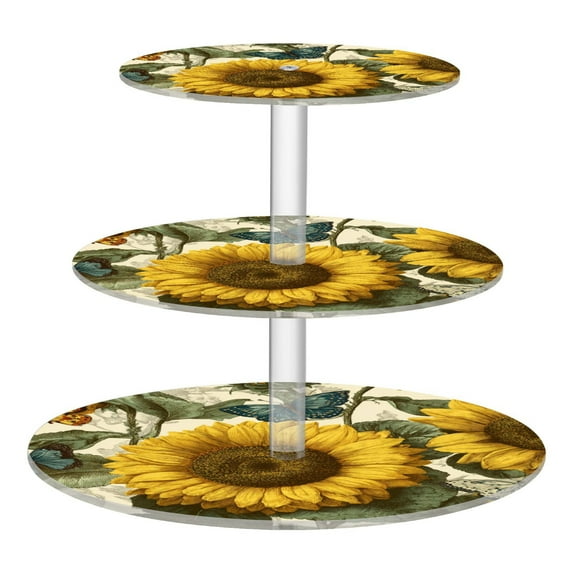 Wobogo Cyan Butterfly Sunflower 3 Tier Acrylic Cake Stand with Clear Round Hold for Wedding Holiday Birthday Baby Shower Tea Party