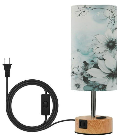 Wobogo Cyan Flowers Bedside Lamp Touch Control Table Lamp with USB A+C Charging Ports & AC Outlet 3-Way Dimmable Nightstand Lamp with Linen Fabric Shade for Bedroom Living Room