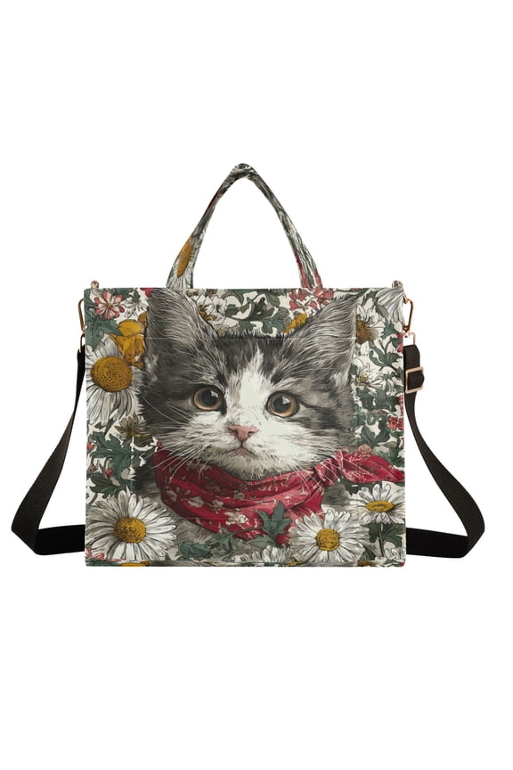 Wobogo Daisy Kitten Corduroy Tote Bag for Women Travel Crossbody Bag Purse Women Shoulder Bags Work Handbags Daily Commuter Bag 13.7×12.2inch
