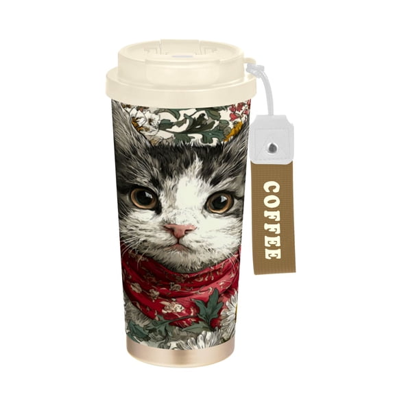 Wobogo Daisy Kitten Double Drinking Coffee Cup Insulated Mug with Food-grade 316 Stainless Steel Beige Lid