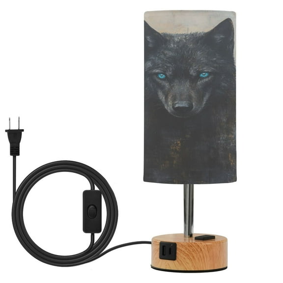 Wobogo Dark Forest Wolf King Bedside Lamp Touch Control Table Lamp with USB A+C Charging Ports & AC Outlet 3-Way Dimmable Nightstand Lamp with Linen Fabric Shade for Bedroom Living Room