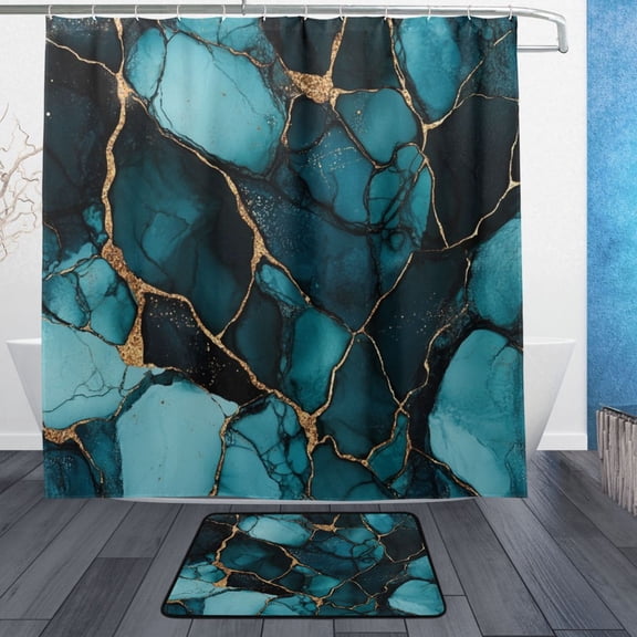 Wobogo Dark Green Gild Marble Bathroom Shower Curtain Set with Floor Mat and Hooks Ultra Waterproof Visible Slider Beads