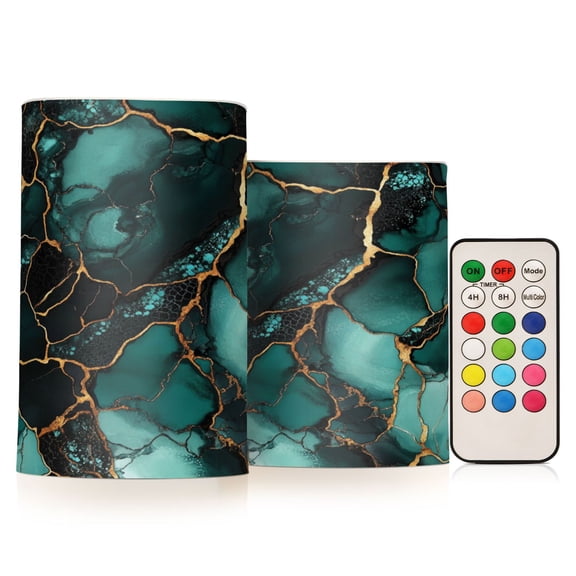 Wobogo Dark Green Gild Marbles Combo Flameless Flickering Candle Light with Remote Control and Timer for Romantic Atmosphere