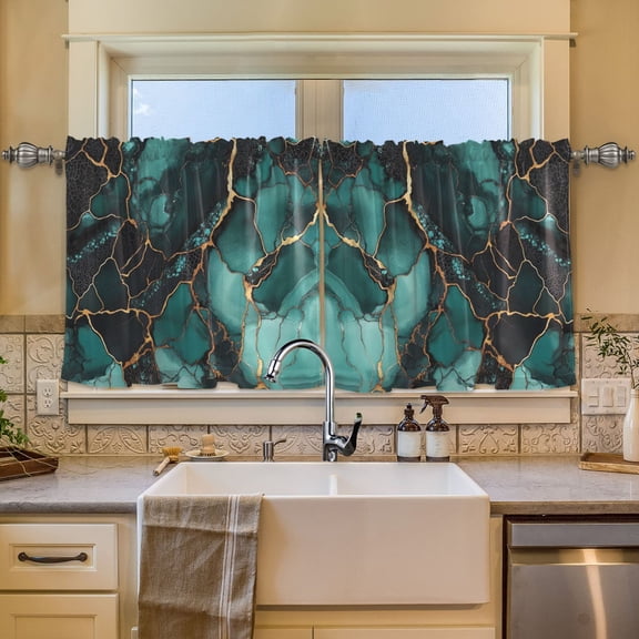 Wobogo Dark Green Gild Marbles Kitchen Curtains 2 Piece Set Symmetrical Design Light Filtering Small Window Drapes Suitable for Bathroom Laundry Room and RV 57x36in