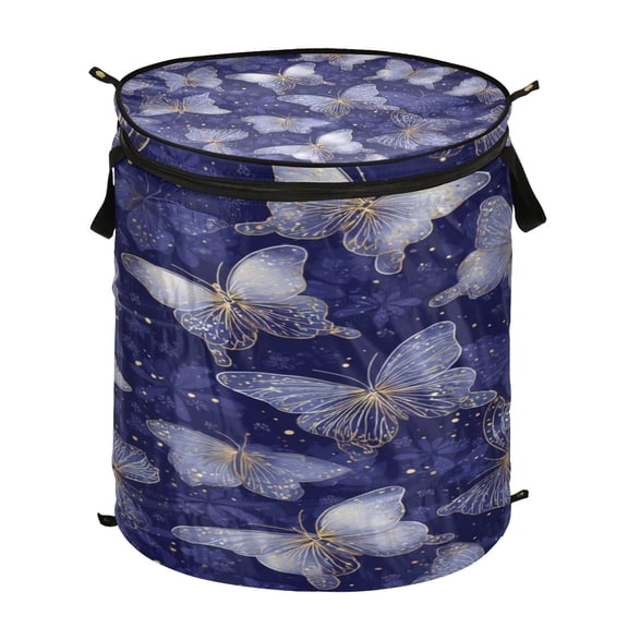 Wobogo Deep Blue Butterfly Foldable Laundry Baskets with Carry Handle Zipper Closure Travel Bathroom College Dorm Essentials