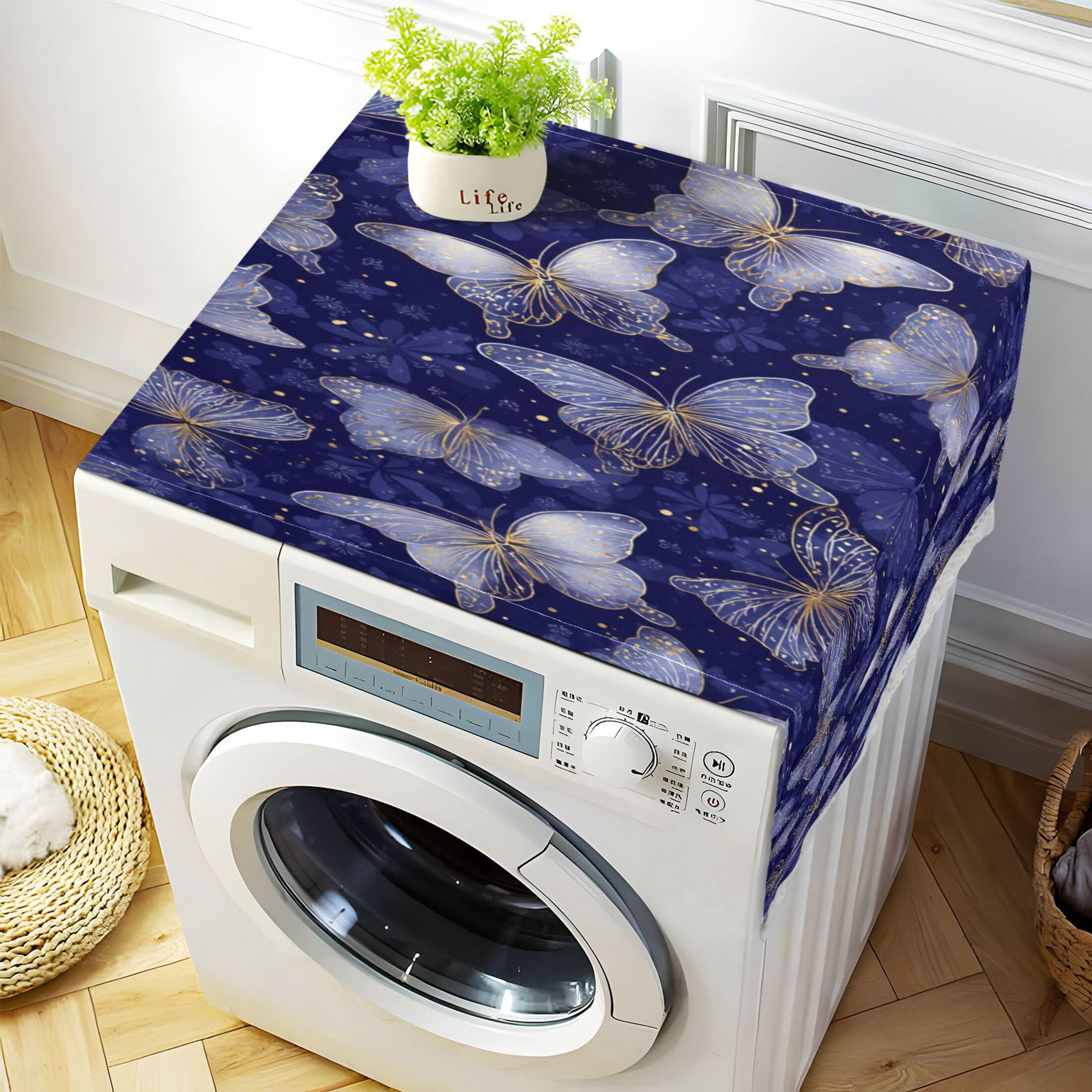 Wobogo Deep Blue Butterfly Washing Machine Cover Dustproof Washer Dryer Cover Waterproof Laundry Room Decorative Protector