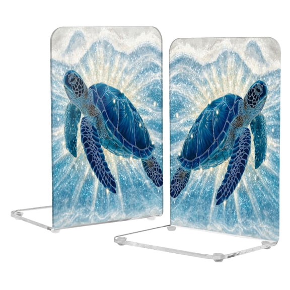 Wobogo Deep Blue Sea Turtle Acrylic Bookends Clear L-Shaped Book Holder with Non-Slip Pads for Books Files Magazines CD DVD 5.44.18.1in