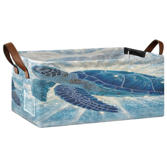 Wobogo Deep Blue Sea Turtle Storage Basket Soccer Plaid Fabric Oversized Collapsible Hoard Box with Metal Iron Frame 16.9×11.4×7.7in