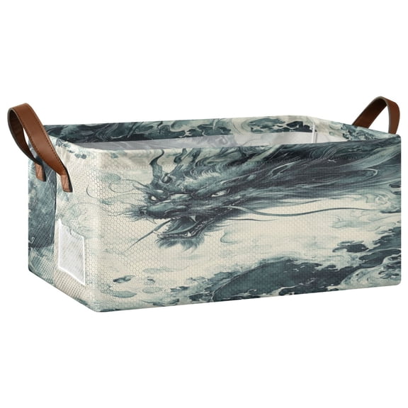 Wobogo Deep Green Dragon Storage Basket Soccer Plaid Fabric Oversized Collapsible Hoard Box with Metal Iron Frame 16.9×11.4×7.7in