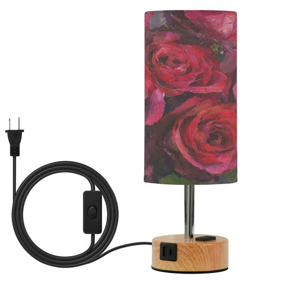 Wobogo Deep Red Roses Bedside Lamp Touch Control Table Lamp with USB A+C Charging Ports & AC Outlet 3-Way Dimmable Nightstand Lamp with Linen Fabric Shade for Bedroom Living Room