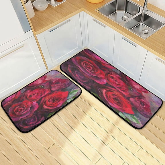 Wobogo Deep Red Roses Kitchen Carpet Set of 2 Absorbent and Stain Resistant Non-slip Star Rubber Backing