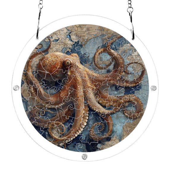Wobogo Deep Sea Octopus Acrylic Puzzle Suncatcher, 83 Piece DIY Hanging Window Sun Catcher with Chain & Hook, Double-Sided Light Catching Decor Gift