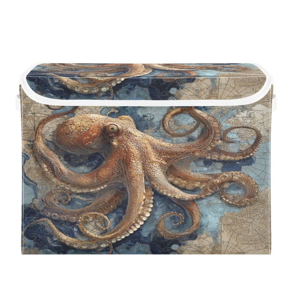 Wobogo Deep Sea Octopus Large Collapsible Storage Box Flip Lid Fabric Decorative Organizer Container Basket with Handles 16.512.611.8in