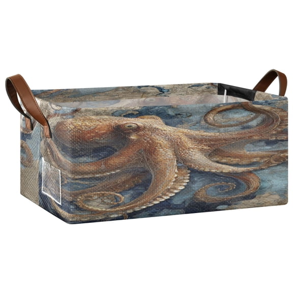 Wobogo Deep Sea Octopus Storage Basket Soccer Plaid Fabric Oversized Collapsible Hoard Box with Metal Iron Frame 16.9×11.4×7.7in