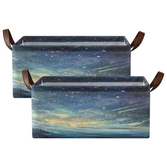 Wobogo Deep Space Shooting Stars Pattern Storage Basket Soccer Plaid Fabric Oversized Collapsible Hoard Box with Metal Iron Frame Two Piece Set 16.9×11.4×7.7in