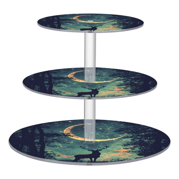 Wobogo Deer in The Mystic Forest Pattern 3 Tier Acrylic Cake Stand with Clear Round Hold for Wedding Holiday Birthday Baby Shower Tea Party
