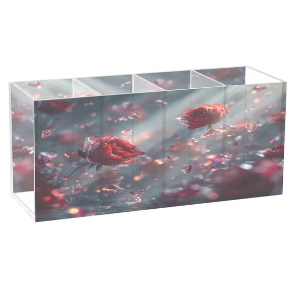Wobogo Diamond Rose Acrylic Pen Holder 4 Compartments Clear Pencil Organizer Makeup Brush Storage Case