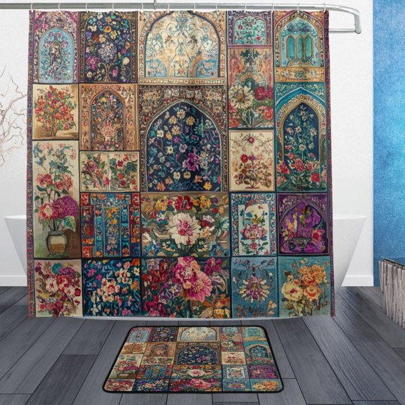 Wobogo Different Cultural Styles Bathroom Shower Curtain Set with Floor Mat and Hooks Ultra Waterproof Visible Slider Beads