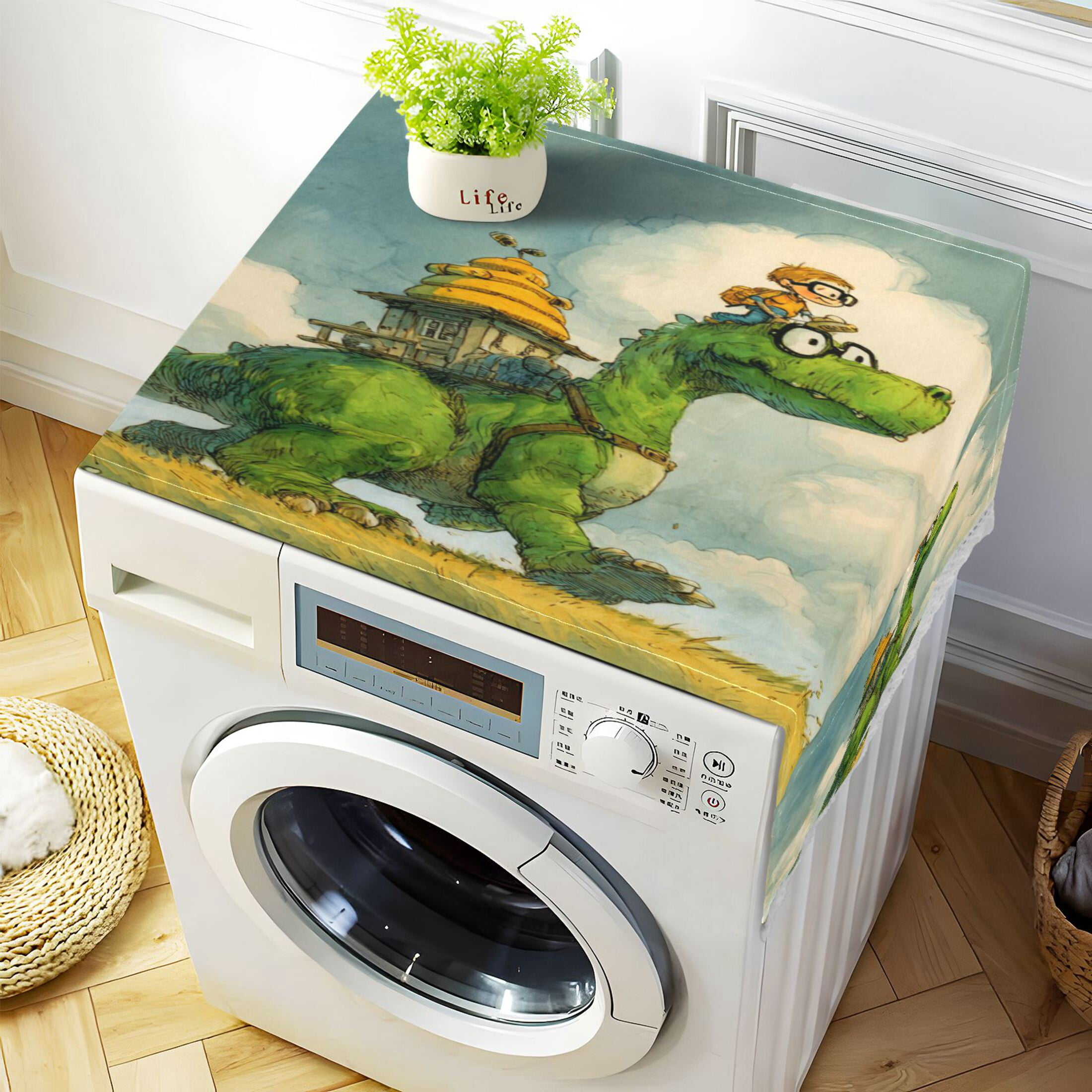 Wobogo Dinosaur Cabin Washing Machine Cover Dustproof Washer Dryer Cover Waterproof Laundry Room Decorative Protector