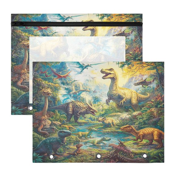 Wobogo Dinosaurs Time A4 Size Clear Polyester File Pocket Set of 2 Zipper Home Work Office Organizer
