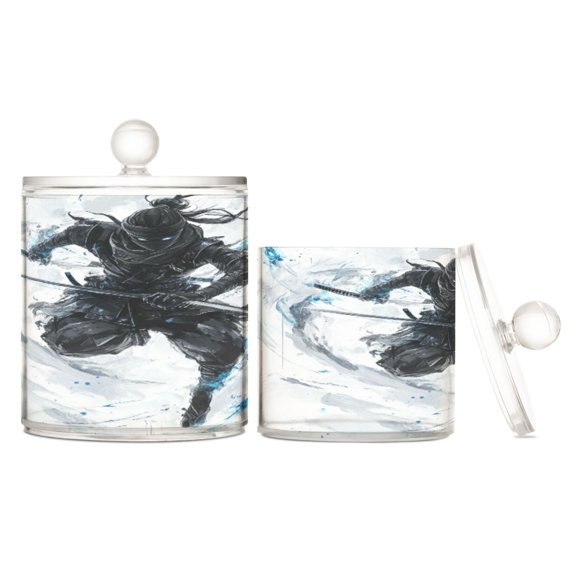 Wobogo Doubl Sword Ninja Clear Plastic Jar Large and Medium Combo Set Cotton Swabs Balls Dental Floss Sticks Cosmetic Storage Can