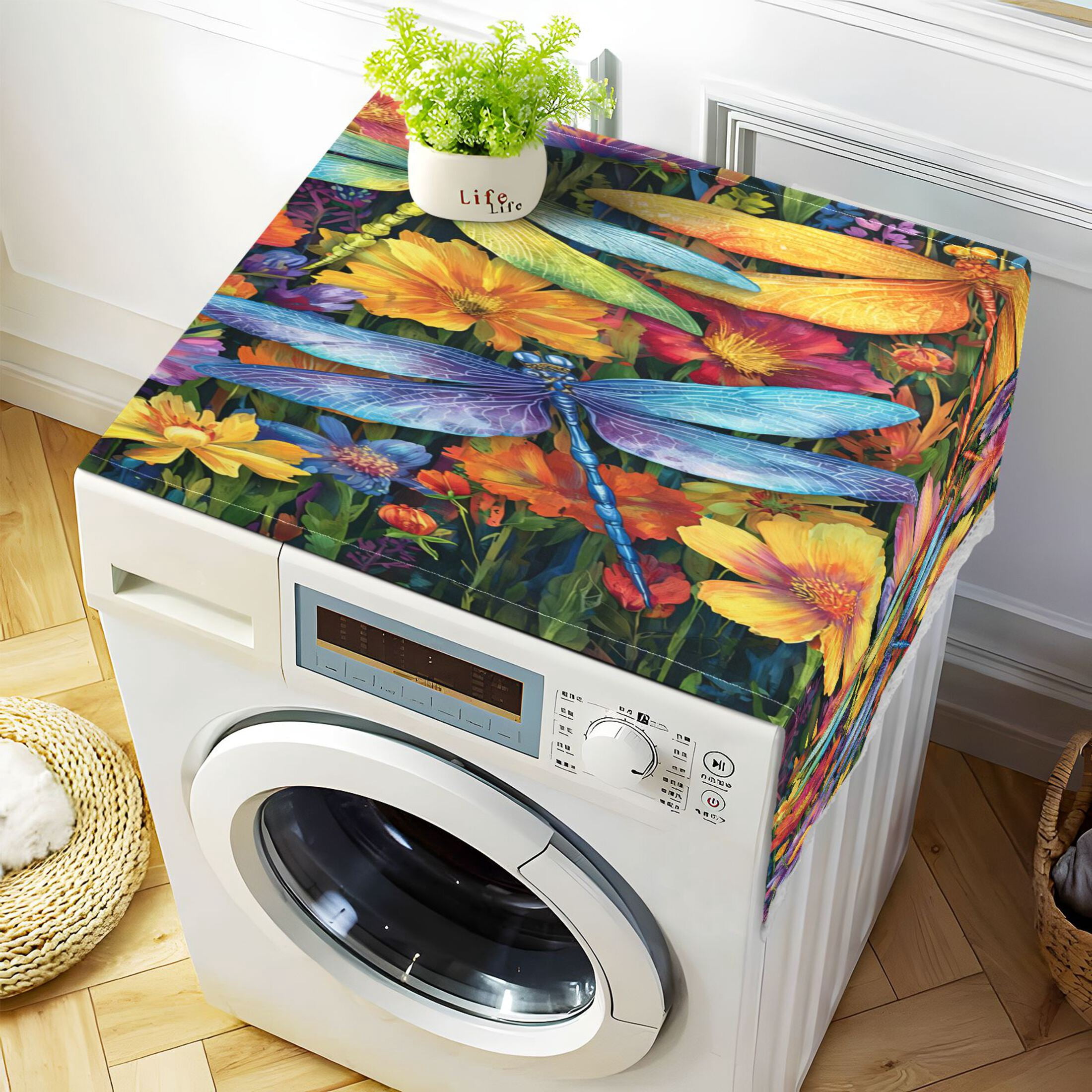 Wobogo Dragonfly Floral Breeze Washing Machine Cover Dustproof Washer Dryer Cover Waterproof Laundry Room Decorative Protector