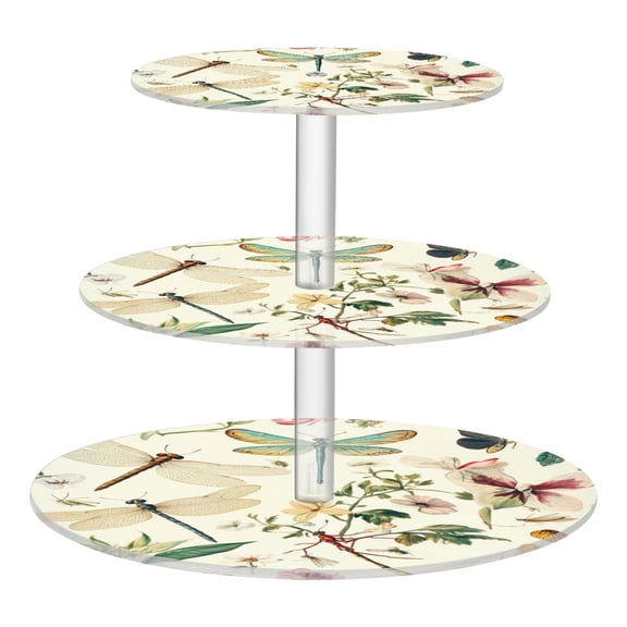Wobogo Dragonfly Print Painting 3 Tier Acrylic Cake Stand with Clear Round Hold for Wedding Holiday Birthday Baby Shower Tea Party
