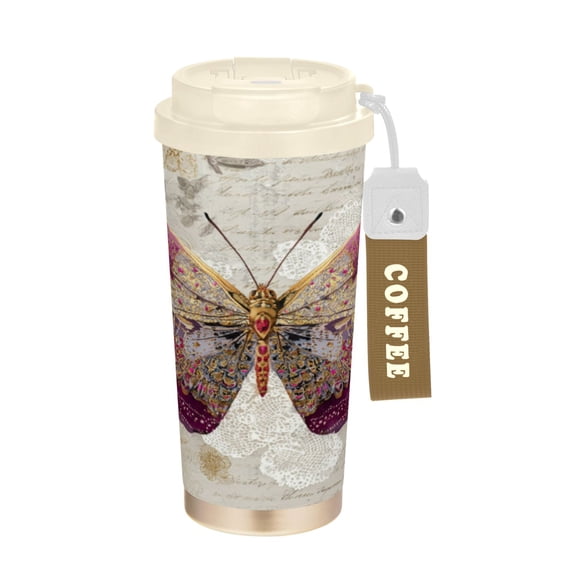 Wobogo Dreamy Butterfly Double Drinking Coffee Cup Insulated Mug with Food-grade 316 Stainless Steel Beige Lid