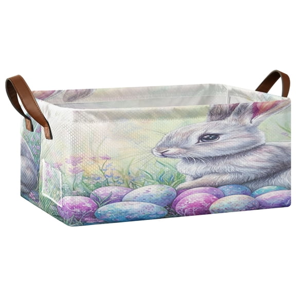 Wobogo Easter Blue Bunny Storage Basket Soccer Plaid Fabric Oversized Collapsible Hoard Box with Metal Iron Frame 16.9×11.4×7.7in