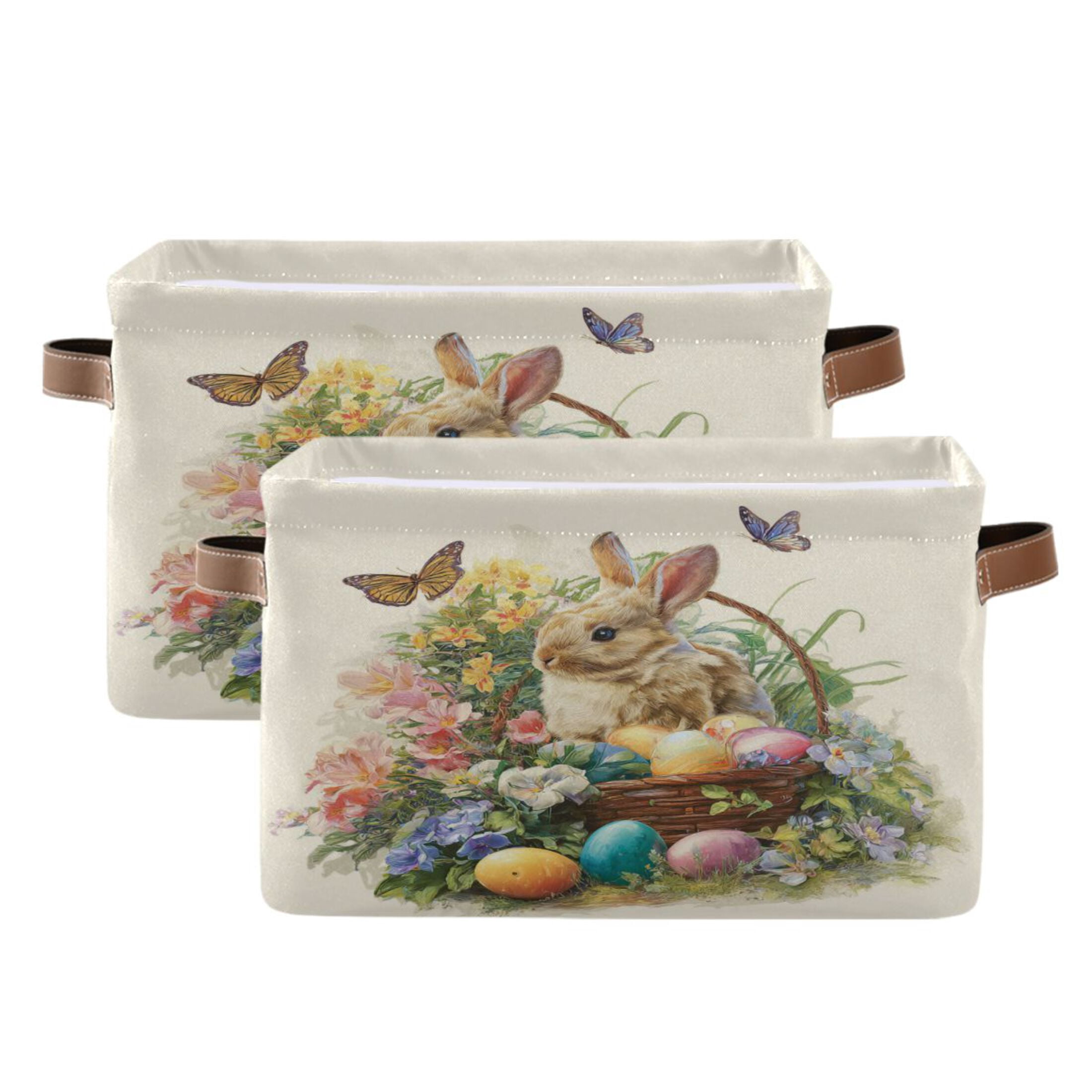 Wobogo Easter Egg Basket Bunny Square Storage Basket Set of 2 with Waterproof Canvas and PE Lining Durable PU Leather Handles 14.2×10.2×8.3in