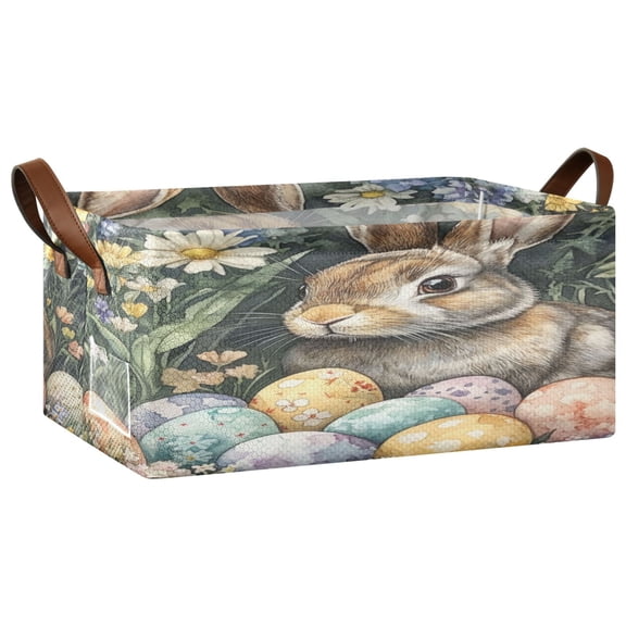 Wobogo Easter Gray Bunny Storage Basket Soccer Plaid Fabric Oversized Collapsible Hoard Box with Metal Iron Frame 16.9×11.4×7.7in