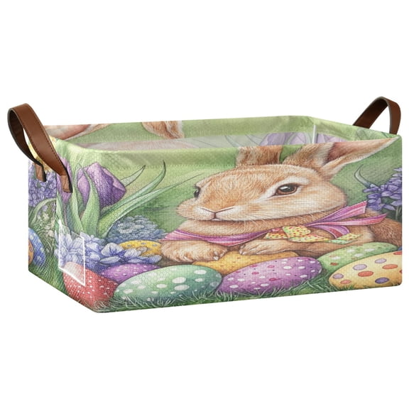 Wobogo Easter Orange Bunny Storage Basket Soccer Plaid Fabric Oversized Collapsible Hoard Box with Metal Iron Frame 16.9×11.4×7.7in