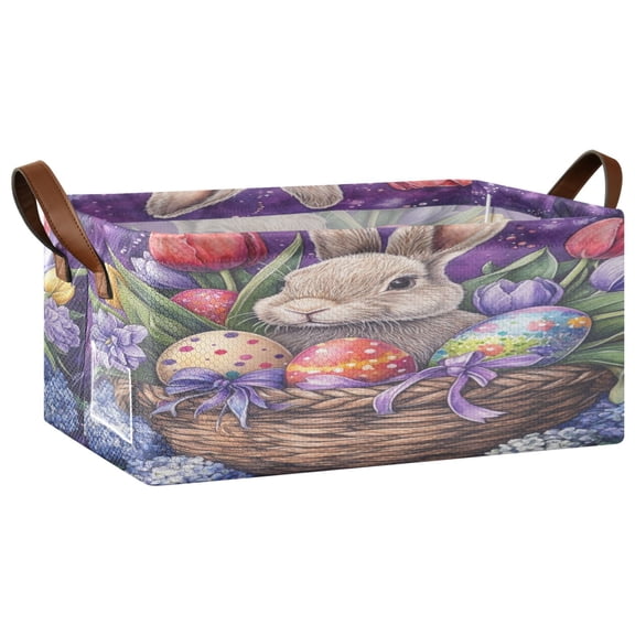 Wobogo Easter Rabbit Purple Pattern Storage Basket Soccer Plaid Fabric Oversized Collapsible Hoard Box with Metal Iron Frame 16.9×11.4×7.7in