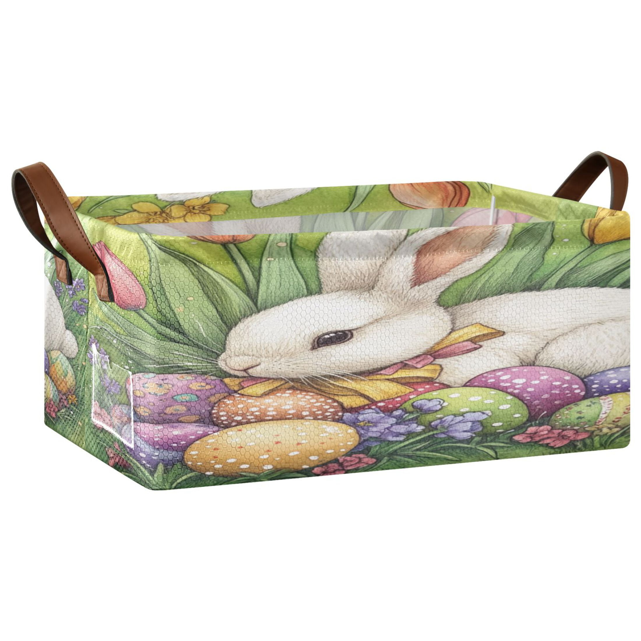 Wobogo Easter White Bunny Storage Basket Soccer Plaid Fabric Oversized Collapsible Hoard Box with Metal Iron Frame 16.9×11.4×7.7in