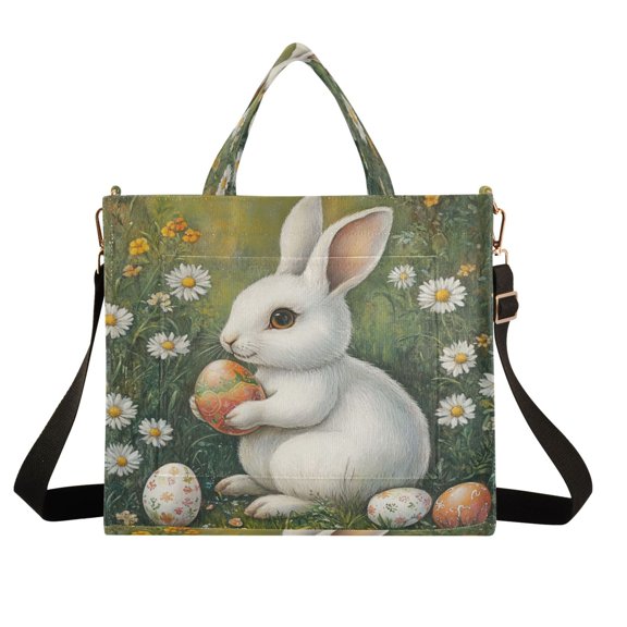 Wobogo Easter White Rabbit Corduroy Tote Bag for Women Travel Crossbody Bag Purse Women Shoulder Bags Work Handbags Daily Commuter Bag 13.7×12.2inch