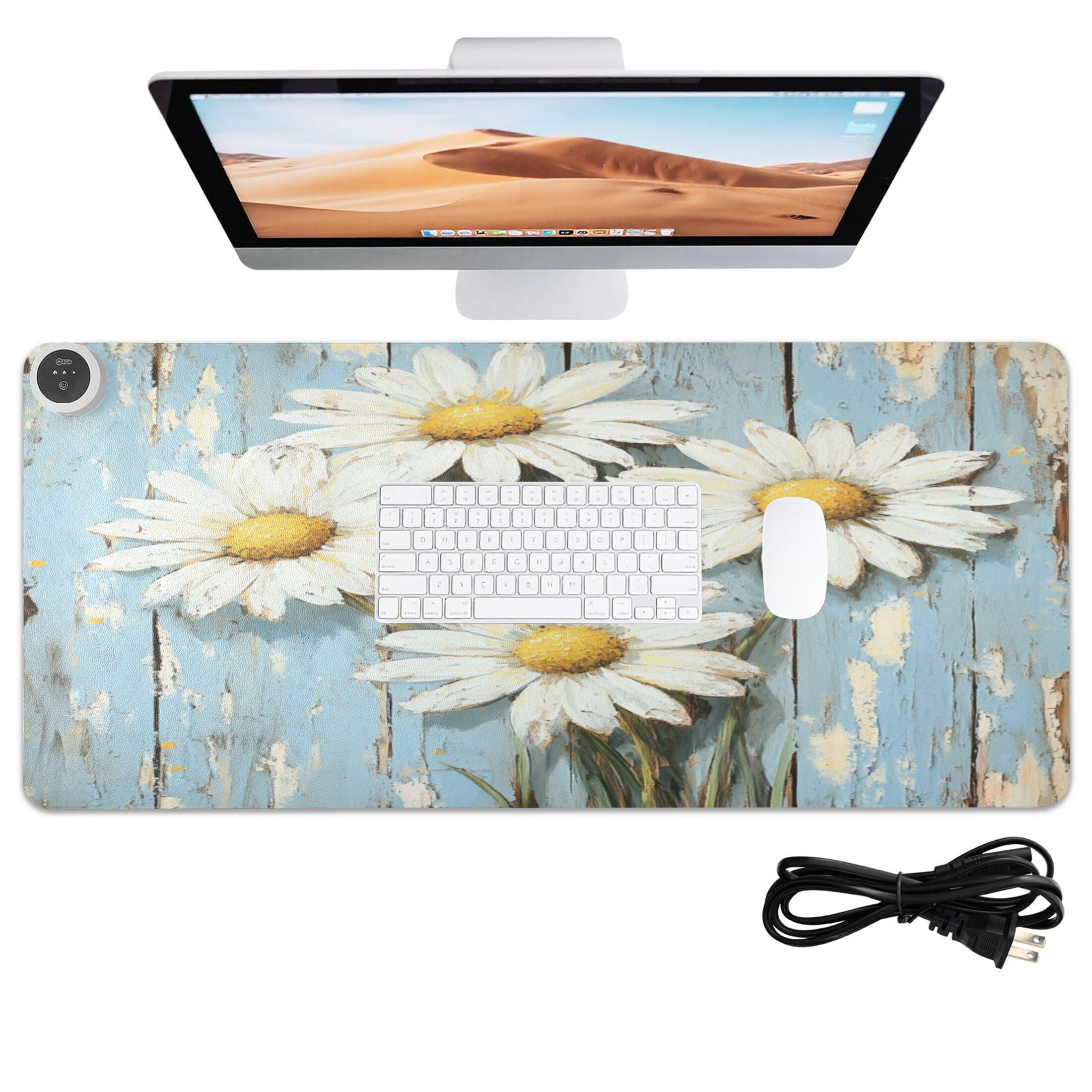Wobogo Elegant Daisy Heated Mouse Pad Extra-Large Desk Mat With 3 Heating Levels and 3-hour Auto Shut-Off Protection Ideal for Computer Keyboards Home Office Hand-warming Essential 31.5in × 13in