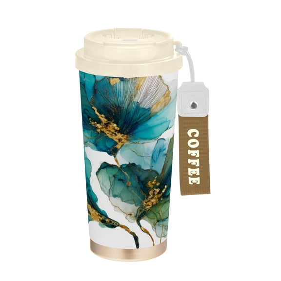 Wobogo Elegant Flower Double Drinking Coffee Cup Insulated Mug with Food-grade 316 Stainless Steel Beige Lid