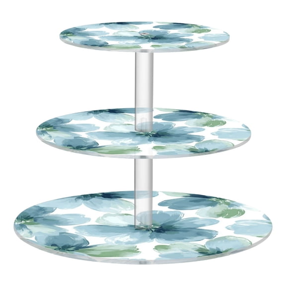 Wobogo Elegant Flowers in Shades Of Blue 3 Tier Acrylic Cake Stand with Clear Round Hold for Wedding Holiday Birthday Baby Shower Tea Party