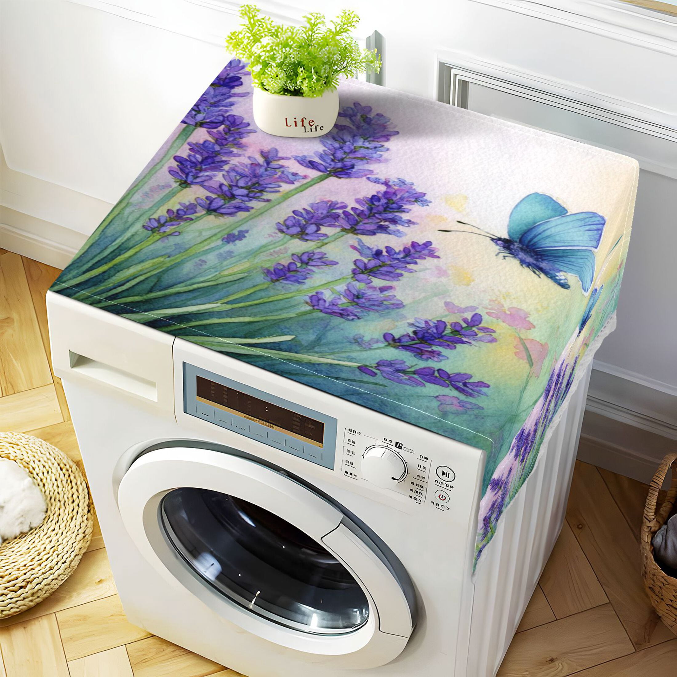 Wobogo Elegant Lavender Butterfly Washing Machine Cover Dustproof Washer Dryer Cover Waterproof Laundry Room Decorative Protector