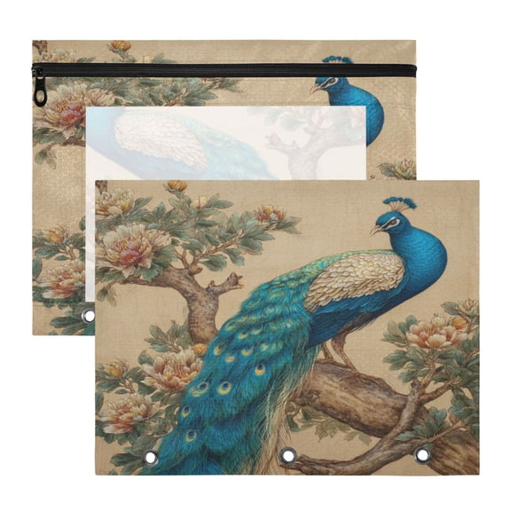 Wobogo Elegent Peacock A4 Size Clear Polyester File Pocket Set of 2 Zipper Home Work Office Organizer