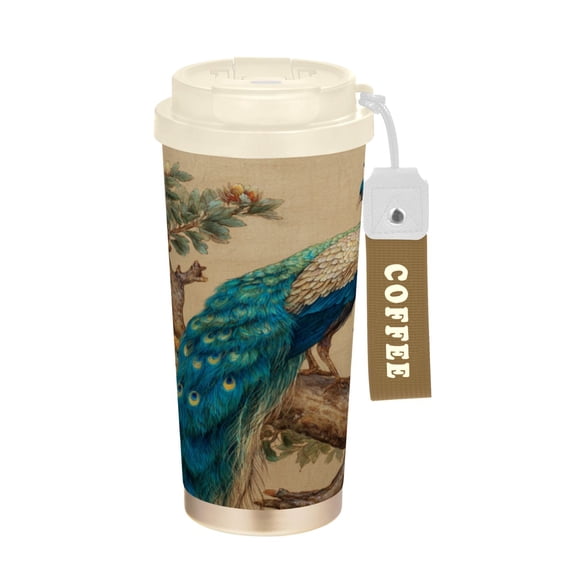 Wobogo Elegent Peacock Double Drinking Coffee Cup Insulated Mug with Food-grade 316 Stainless Steel Beige Lid