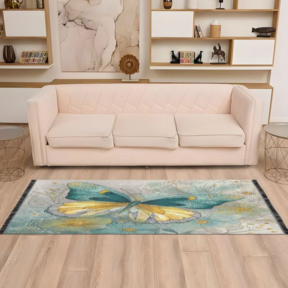 Wobogo Emerald Butterfly Bedside Long Rug Delicate and Soft Modern Indoor Area Decor Non Slip Carpet for Bed Room Corridor Entrance Balcony