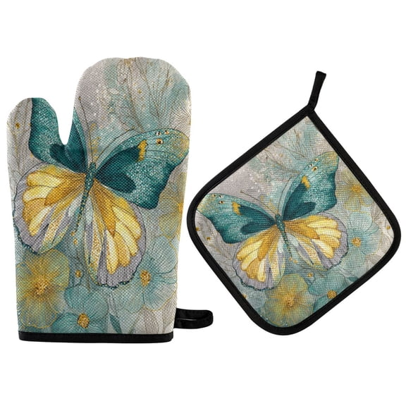 Wobogo Emerald Butterfly Oven Mitts and Pot Holders 2pcs Set Kitchen Oven Glove High Heat Resistant 200 Degree Surface for Cooking