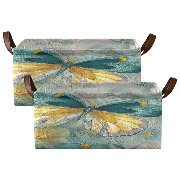Wobogo Emerald Butterfly Storage Basket Soccer Plaid Fabric Oversized Collapsible Hoard Box with Metal Iron Frame Two Piece Set 16.9×11.4×7.7in