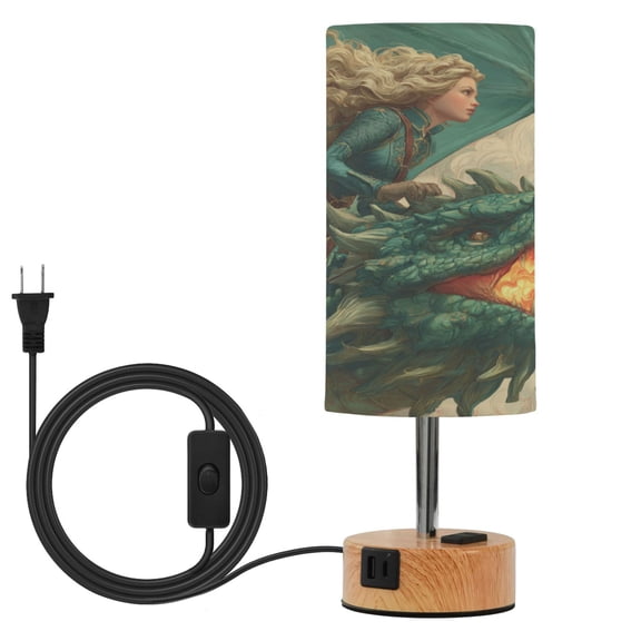 Wobogo Emerald Dragon Bedside Lamp Touch Control Table Lamp with USB A+C Charging Ports & AC Outlet 3-Way Dimmable Nightstand Lamp with Linen Fabric Shade for Bedroom Living Room
