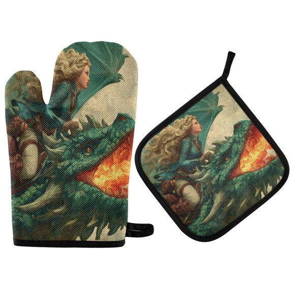 Wobogo Emerald Dragon Oven Mitts and Pot Holders 2pcs Set Kitchen Oven Glove High Heat Resistant 200 Degree Surface for Cooking