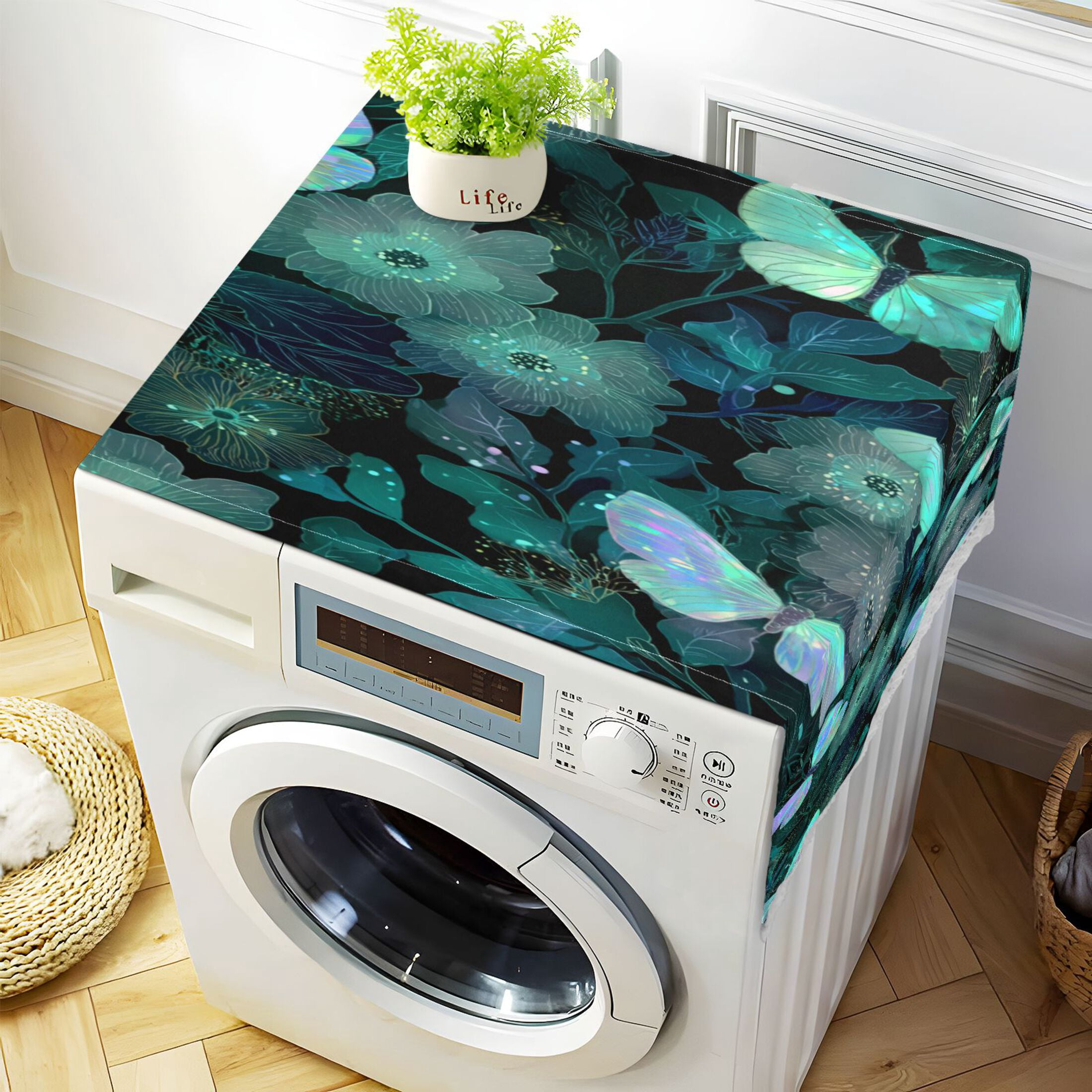 Wobogo Emerald Green Butterfly Washing Machine Cover Dustproof Washer Dryer Cover Waterproof Laundry Room Decorative Protector
