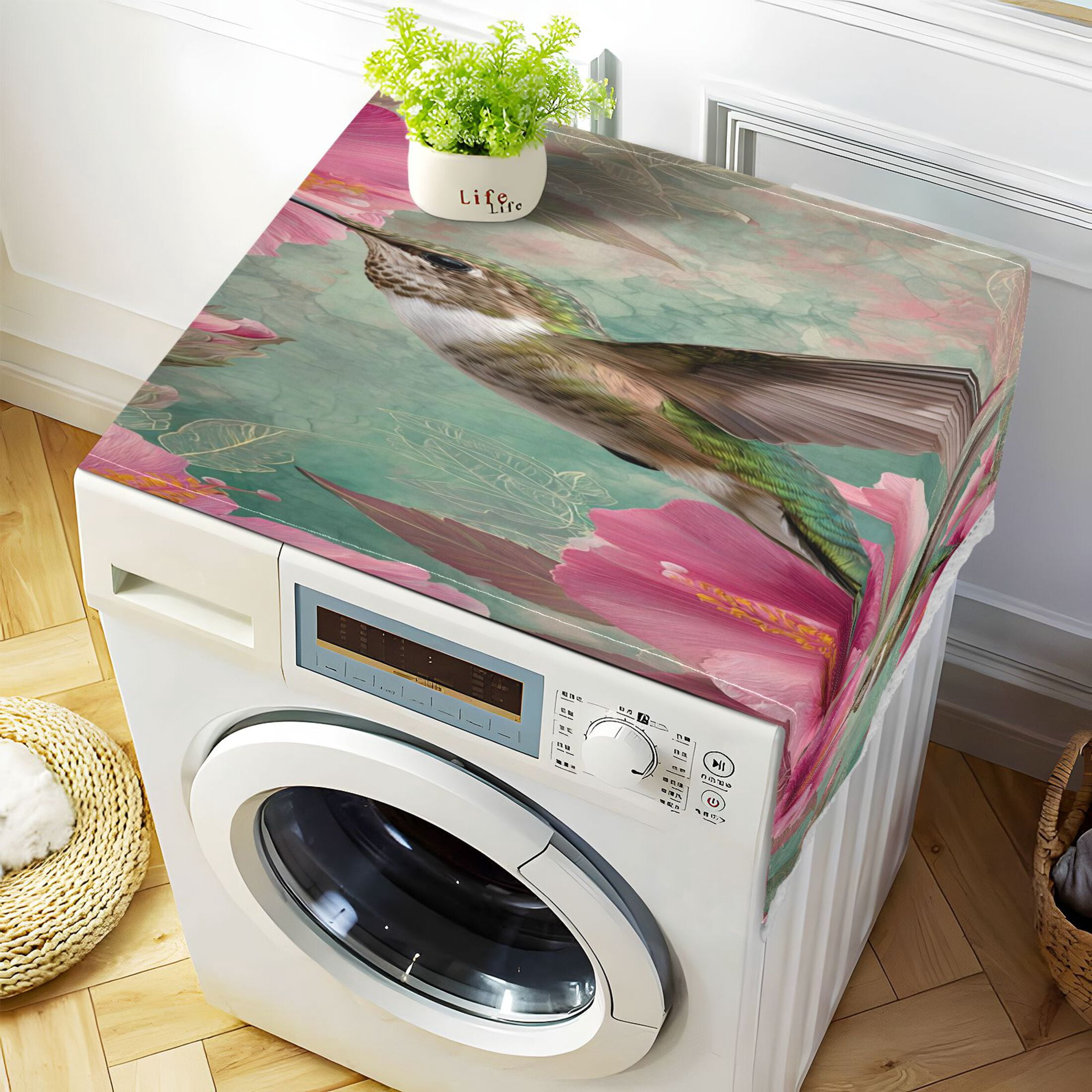 Wobogo Emerald Green Hummingbird Washing Machine Cover Dustproof Washer Dryer Cover Waterproof Laundry Room Decorative Protector